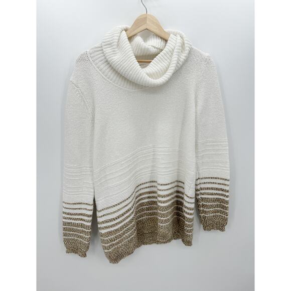 Calvin Klein Sweater Women Medium White Gold Striped Cowl Neck Knit Pullover - Picture 1 of 8